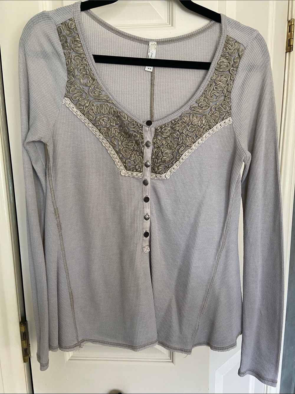 Free People Taupe/Gray Embroidered Thermal Tee
